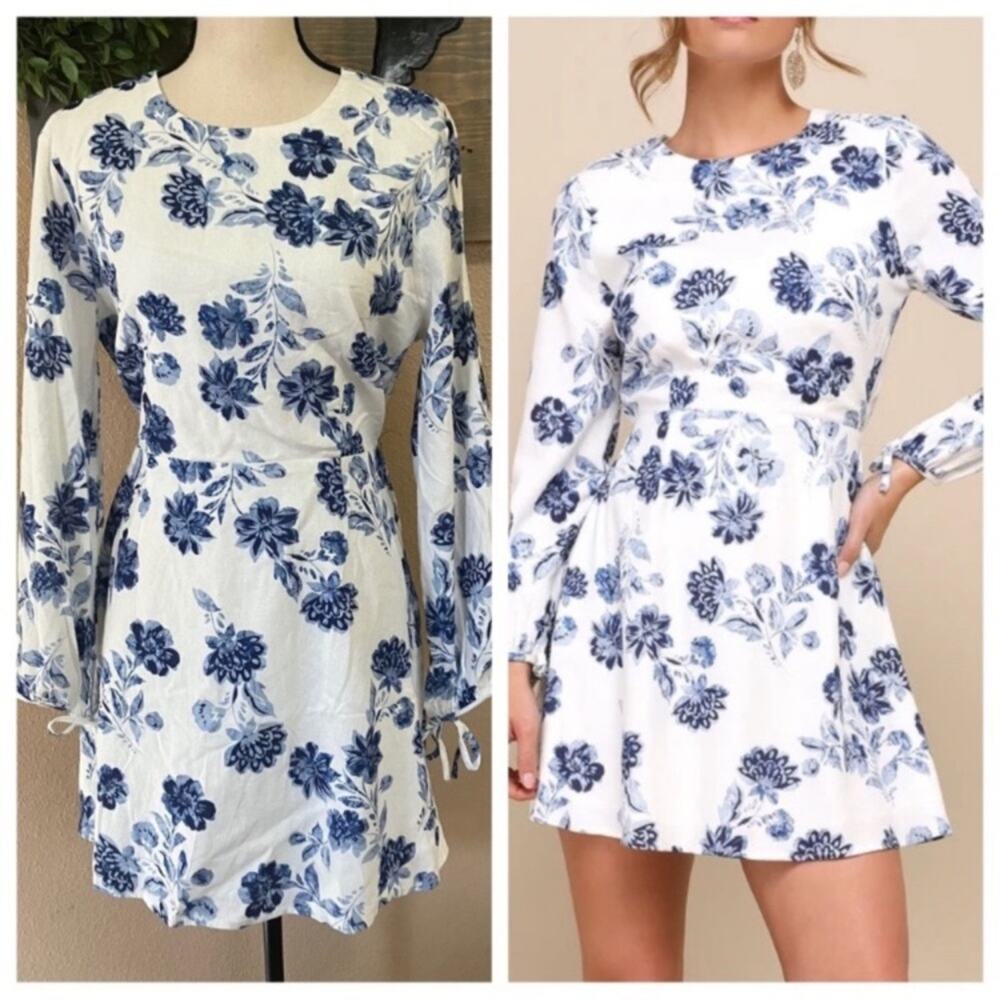 NWOT Lulus Darling Simplicity White and Blue Floral Linen Cutout Mini Dr… - Picture 2 of 11